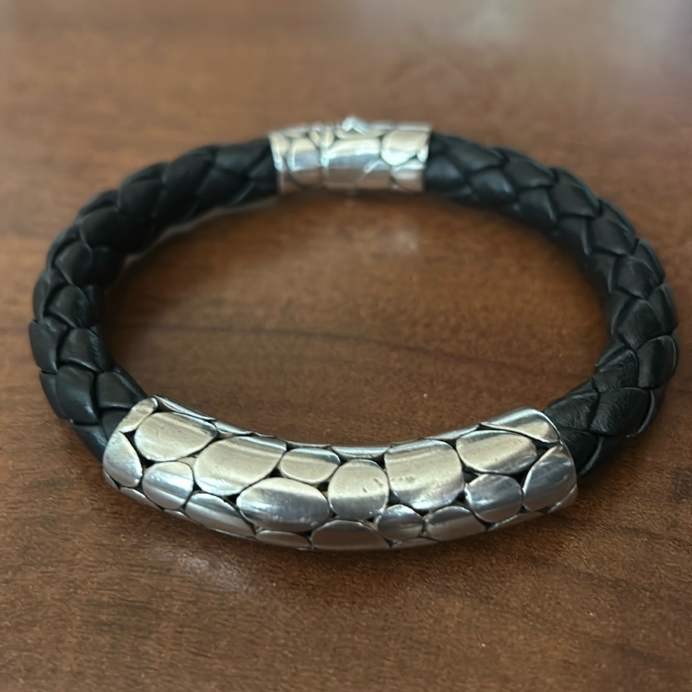 John Hardy .925 Sterling Silver Black Leather Woven Men's Bracelet Vintage